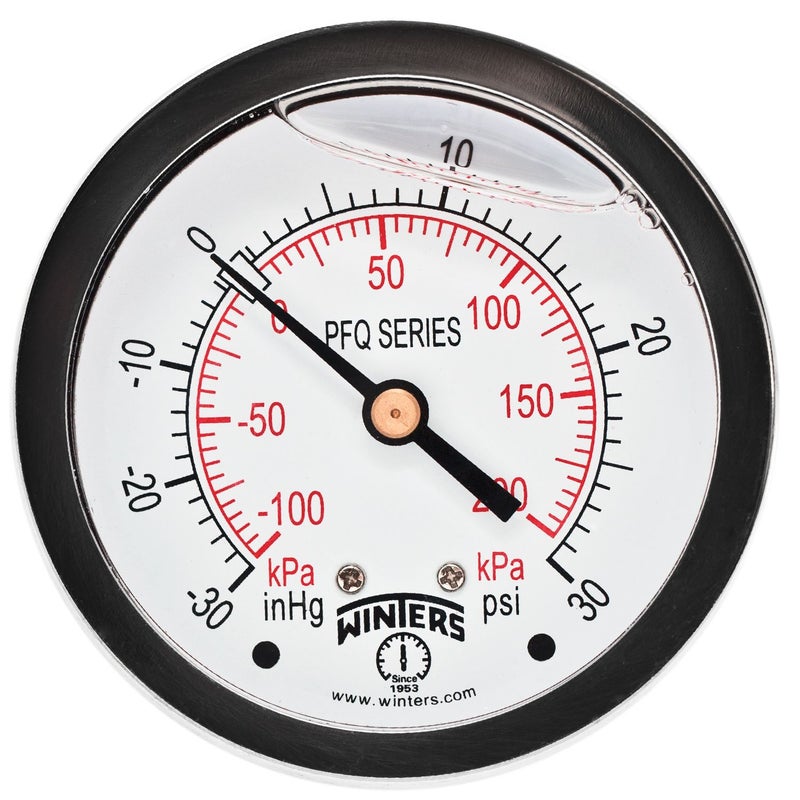 Winters 2-1/2" Dial Size, Liquid Filled Industrial Pressure Gauge, Brass Internals, 304 Stainless Steel Case, Dual Scale 30" Hg-0-30 psi/kPa, 1.5% Acc, 1/4" NPT Back Mount, Pressure and Vacuum Gauge